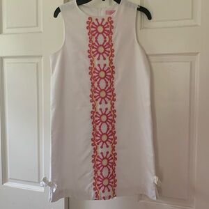 Lily Pulitzer girls dress, 14. Sleeveless, white and pink & yellow embroidery.